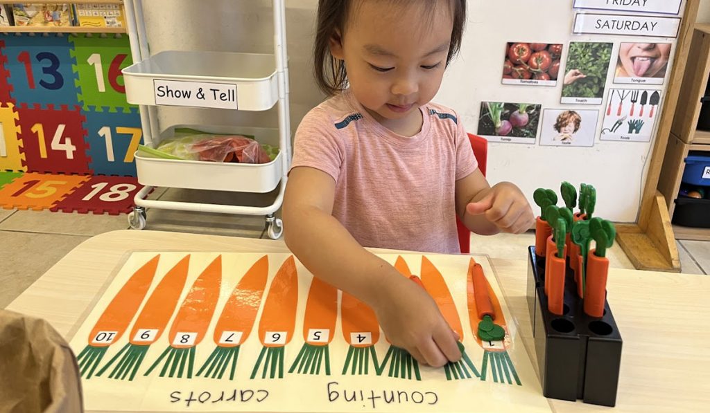 Preschooler counting carrots